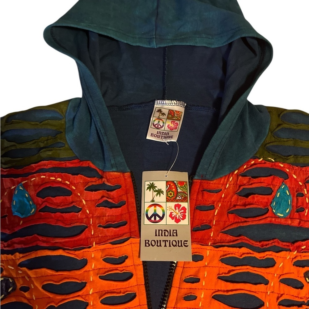 India Boutique Colorful Hooded Jacket with Embroidered and Cut Designs NWT - Picture 2 of 4
